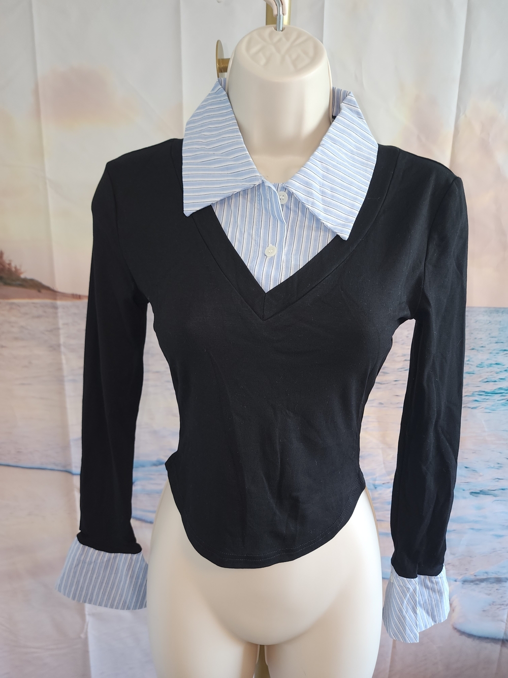 COMMENSE Black Layered-Look V-Neck Top with Blue Stripe Collar